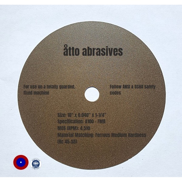 Atto Abrasives Ultra-Thin Sectioning Wheels 10"x0.040"x1-1/4" Ferrous Medium Hard 1W250-100-SM